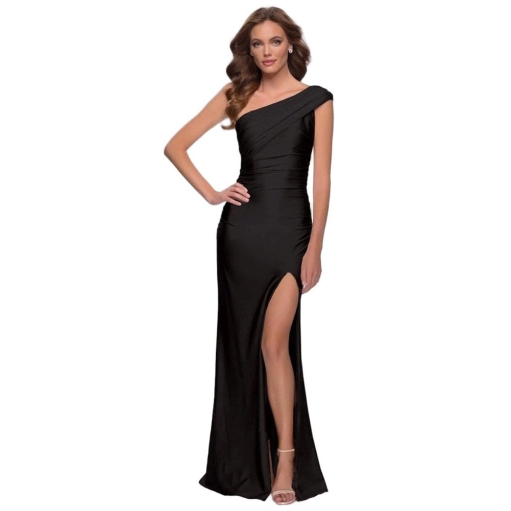 La Femme One Shoulder Shiny Jersey Ruched Evening Gown Maxi Dress Slit Size 10